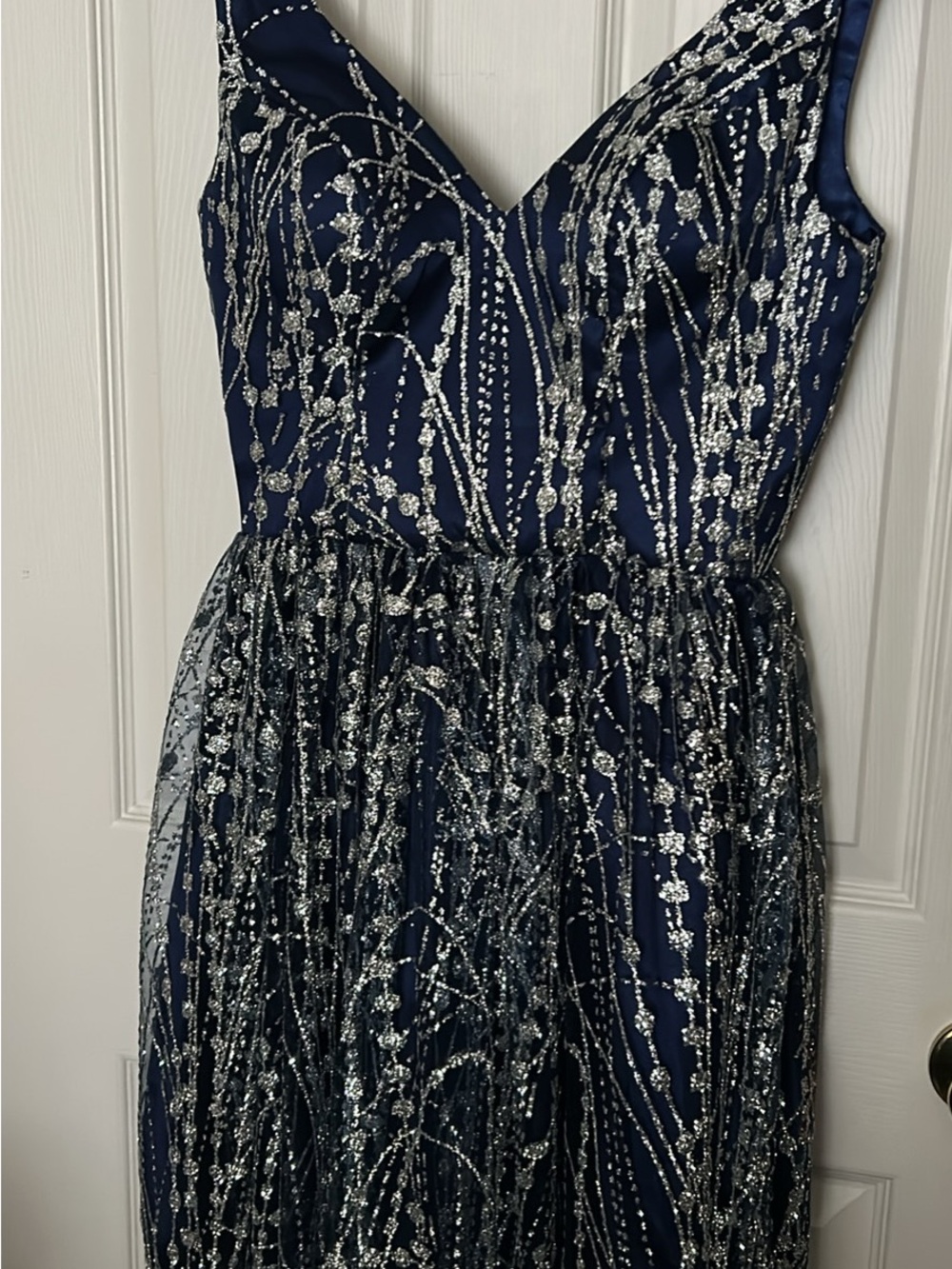 Navy Blue Beaded V-Neck Evening Dress